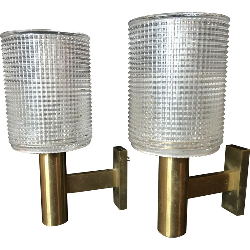Pair of vintage crystal and brass sconces by Carl Fagerlund for Orrefors, Sweden 1950