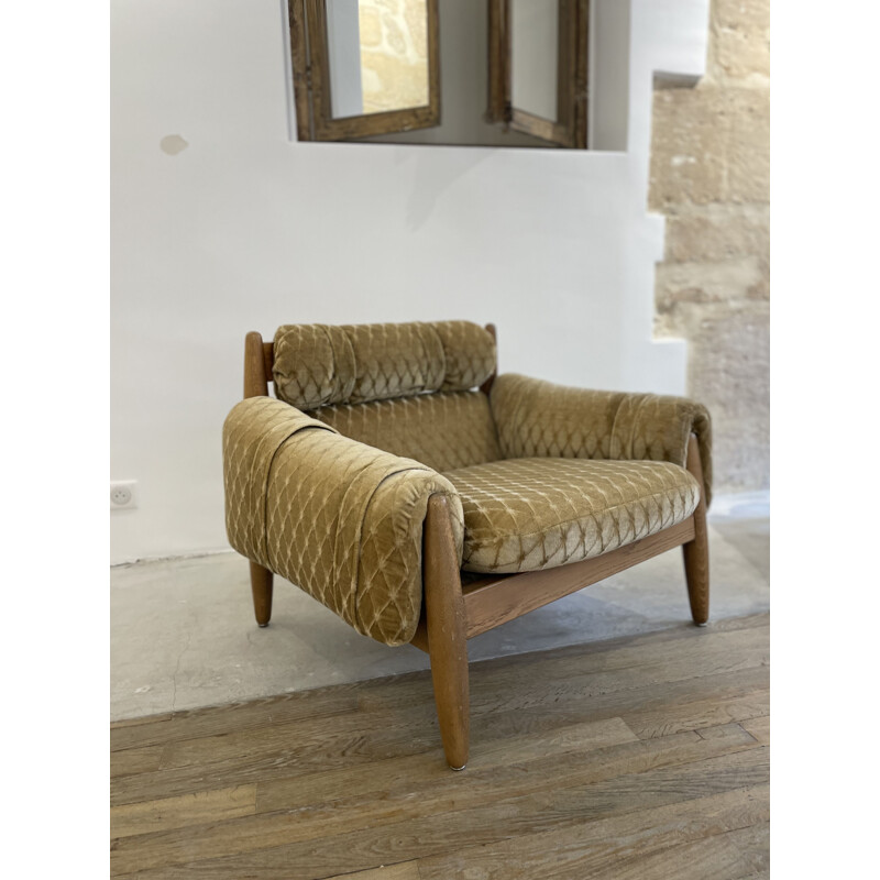 Pair of vintage solid oakwood and mohair velvet armchairs, 1950