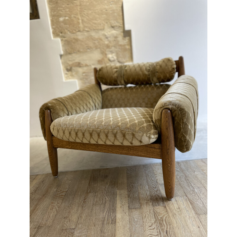 Pair of vintage solid oakwood and mohair velvet armchairs, 1950