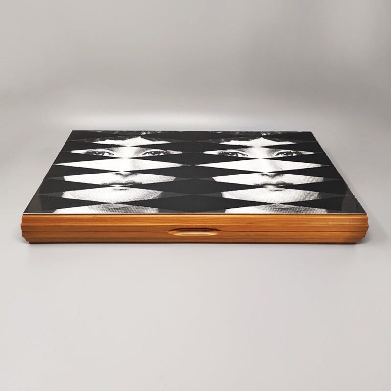 Vintage Fornasetti backgammon in walnut wood, Italy 1980s