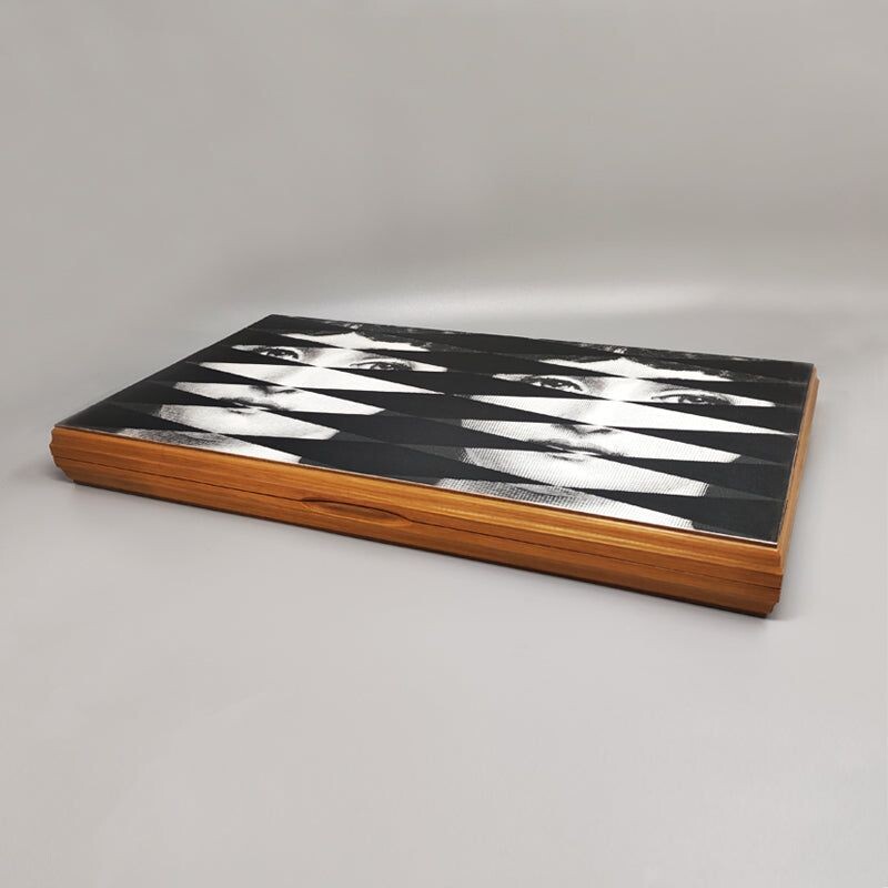 Vintage Fornasetti backgammon in walnut wood, Italy 1980s