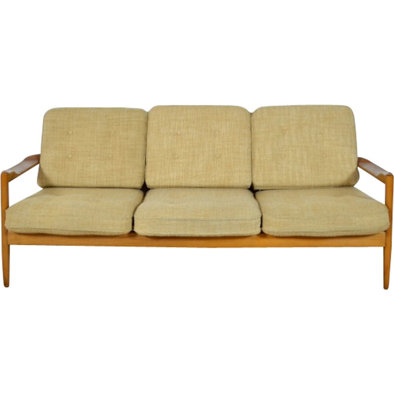Danish 3-seater sofa in light wood and beige fabric - 1960s