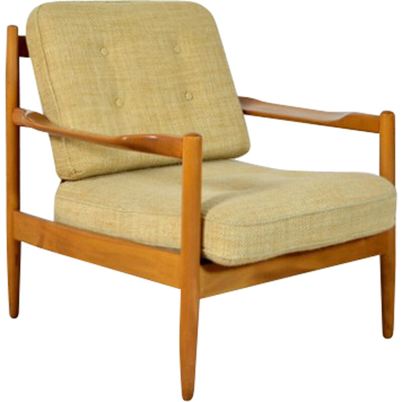 Fauteuil scandinave en bois blond et tissu beige - 1960