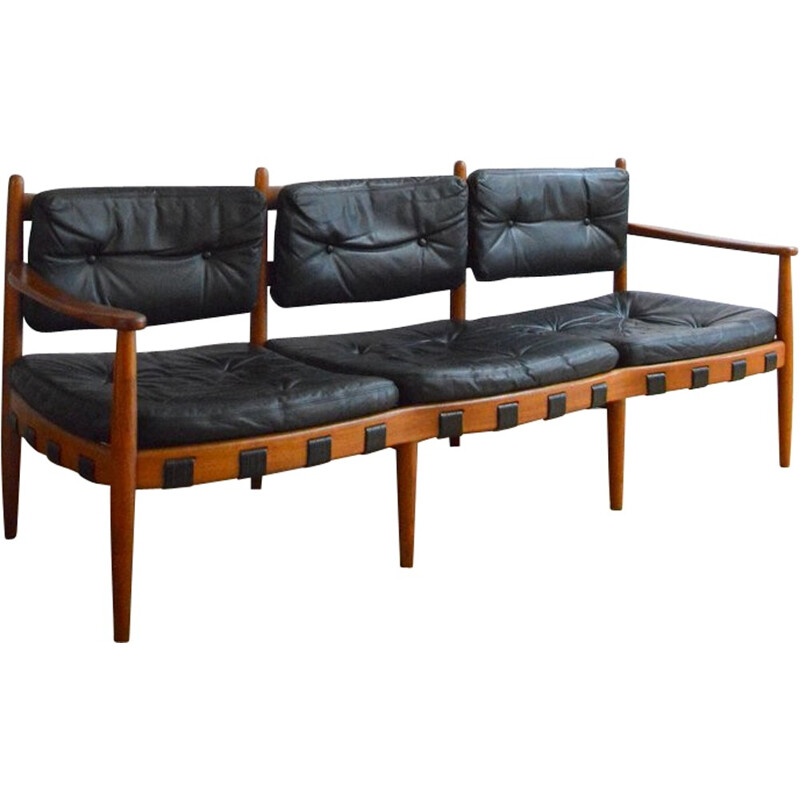 3-seater sofa in teak and black leather, Arne NORELL - 1960s