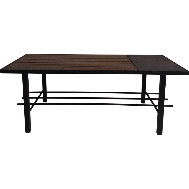 Coffee table in metal, leather and wood - 1950s 