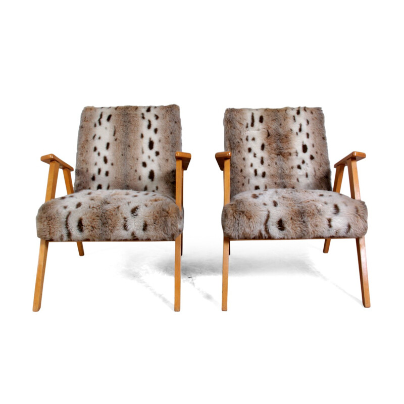 Pair of chairs in beech and faux fur - 1960s