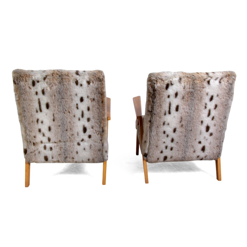 Pair of chairs in beech and faux fur - 1960s