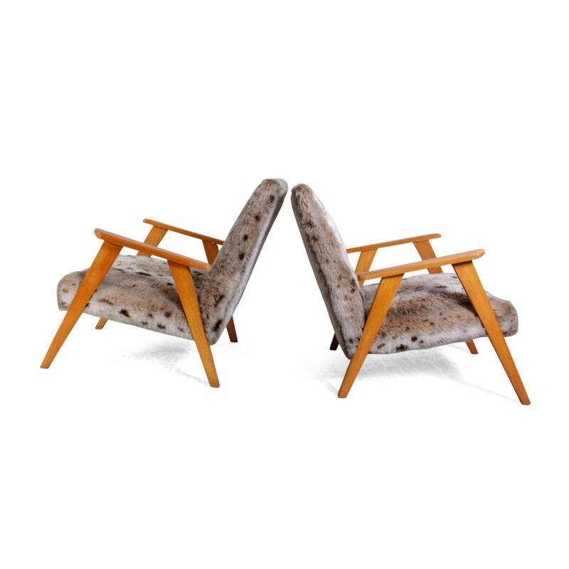 Pair of chairs in beech and faux fur - 1960s