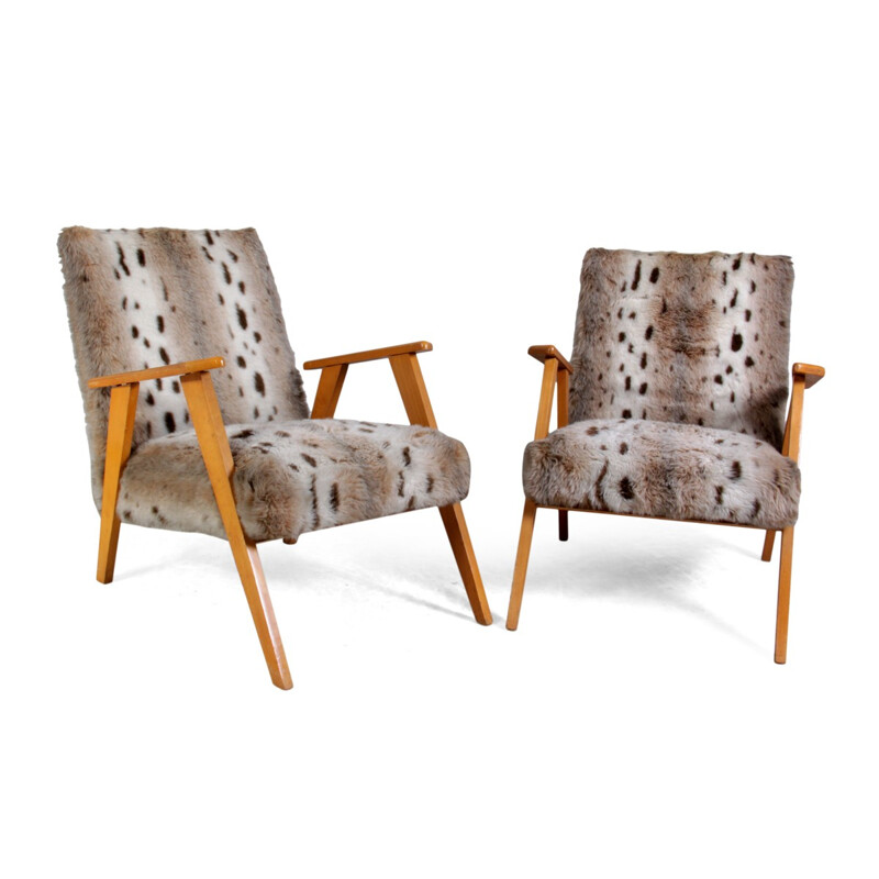 Pair of chairs in beech and faux fur - 1960s
