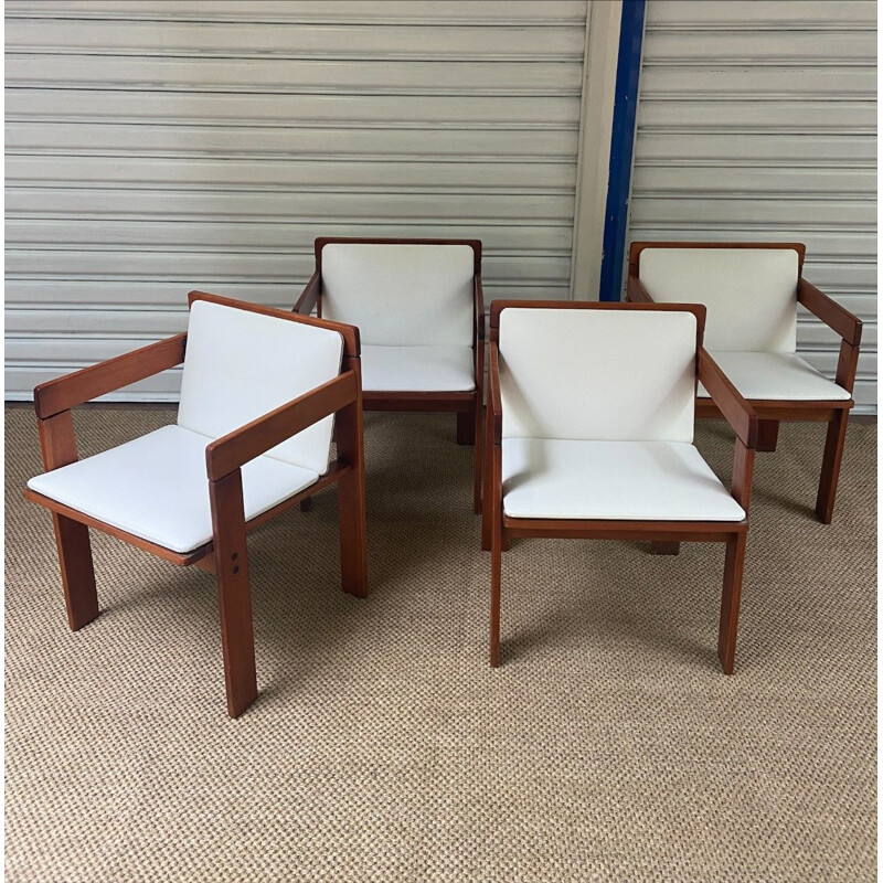 Set of 4 armchairs in wood and white skai by Reguitti, 1972s