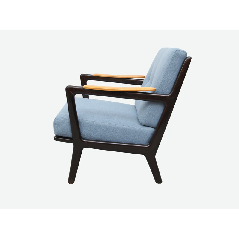 Fauteuil retapissé en tissu et bois massif - 1950