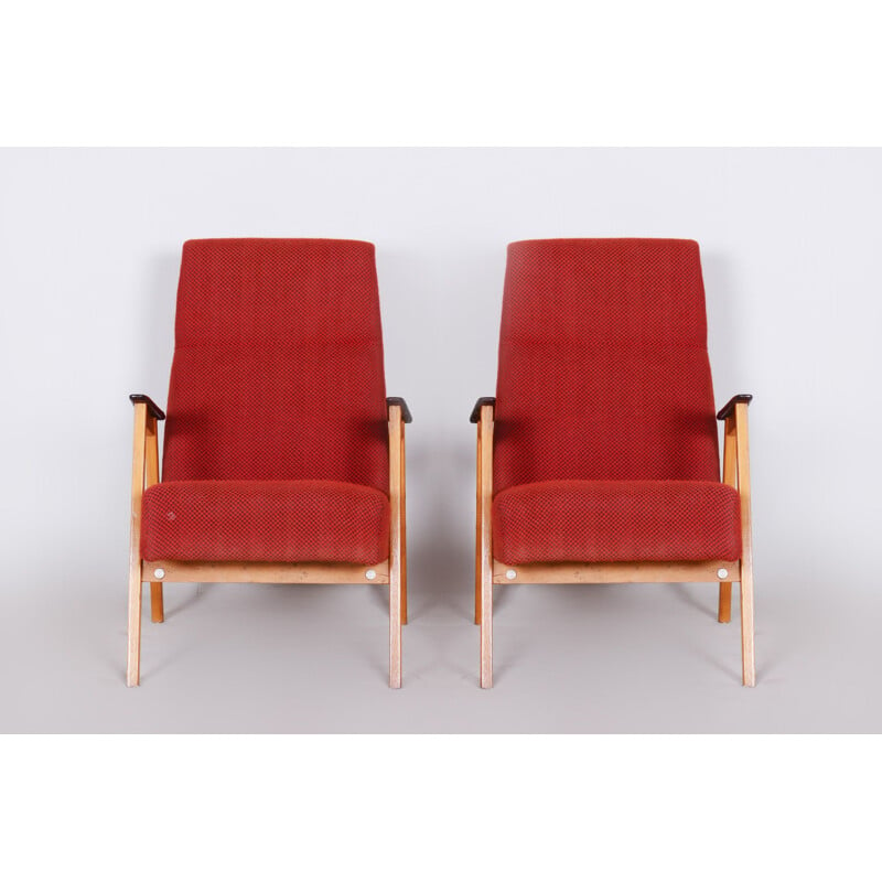 Paar vintage fauteuils in rood van Jaroslav Smidek, Tsjechoslowakije 1950