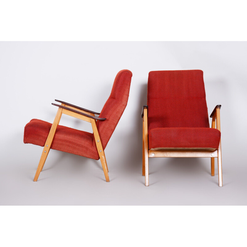 Paar vintage fauteuils in rood van Jaroslav Smidek, Tsjechoslowakije 1950