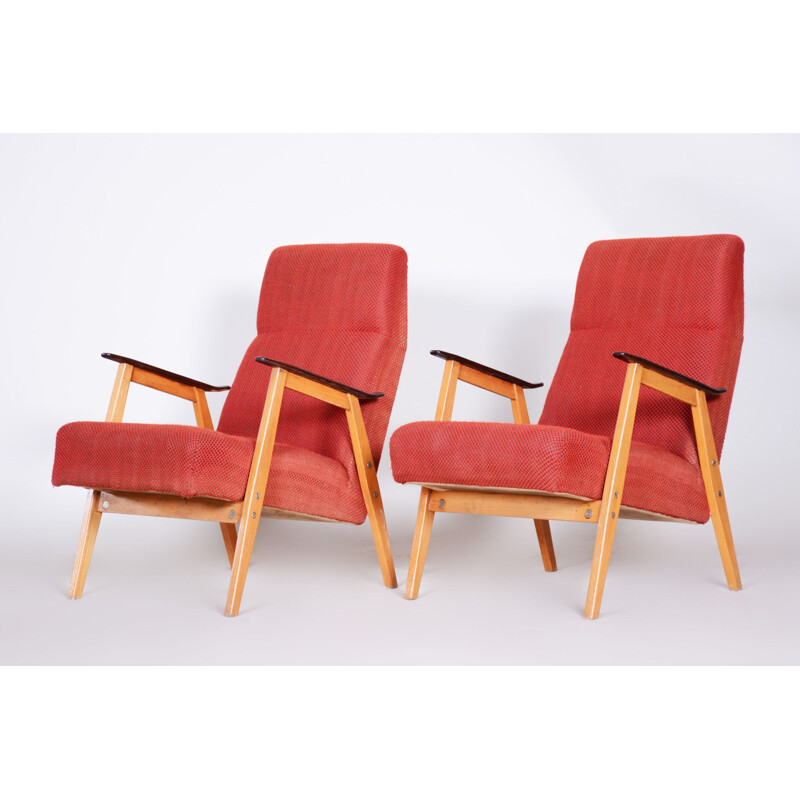 Paar vintage fauteuils in rood van Jaroslav Smidek, Tsjechoslowakije 1950