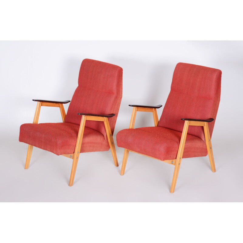 Paar vintage fauteuils in rood van Jaroslav Smidek, Tsjechoslowakije 1950