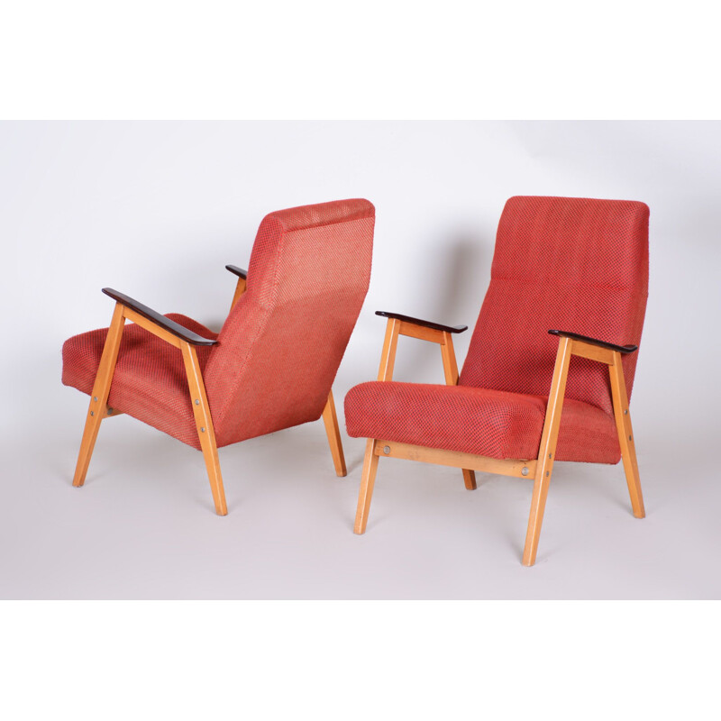 Paar vintage fauteuils in rood van Jaroslav Smidek, Tsjechoslowakije 1950