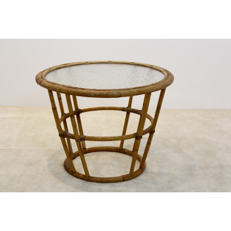 Rohé Noordwolde side table in wicker and glass - 1970s