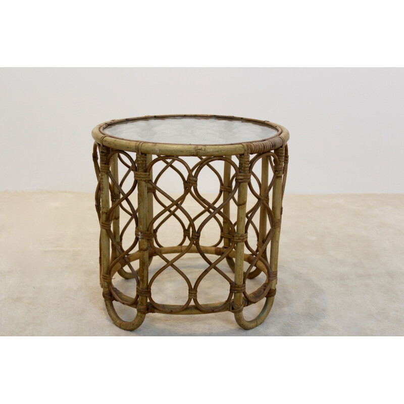 Dutch Rohé Noordwolde side table in wicker and glass - 1970s