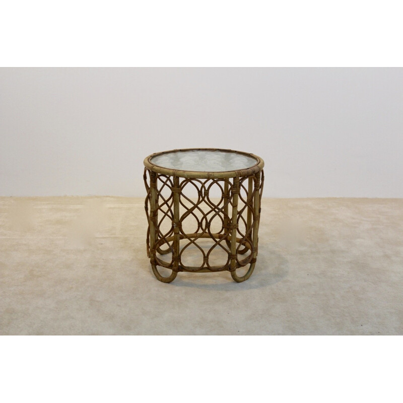 Dutch Rohé Noordwolde side table in wicker and glass - 1970s