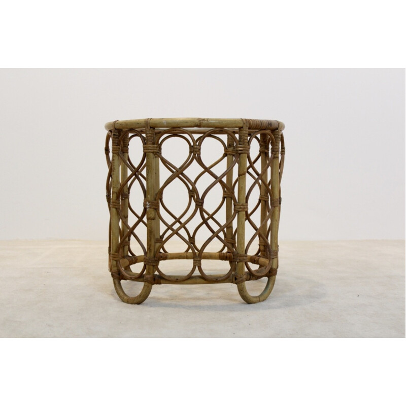 Dutch Rohé Noordwolde side table in wicker and glass - 1970s