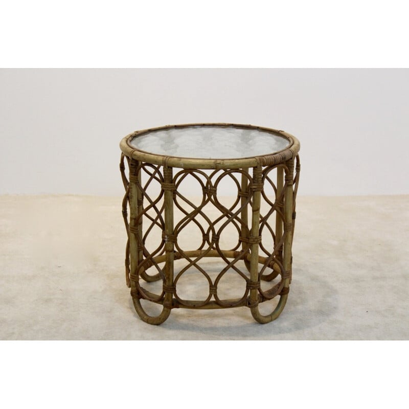 Dutch Rohé Noordwolde side table in wicker and glass - 1970s