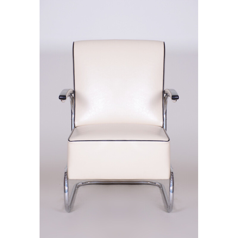 Vintage wit lederen fauteuil van Mucke Melder, Tsjechoslowakije 1930