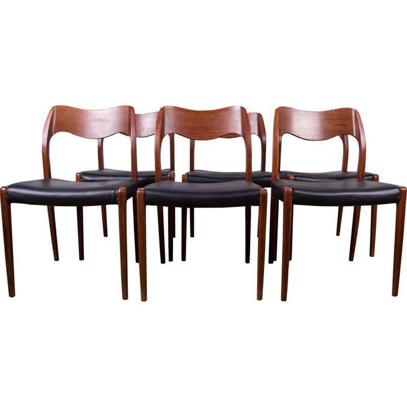Set of 6 vintage chairs model 71 in teak and skai by Niels.O.Moller for JL Mollers, 1960