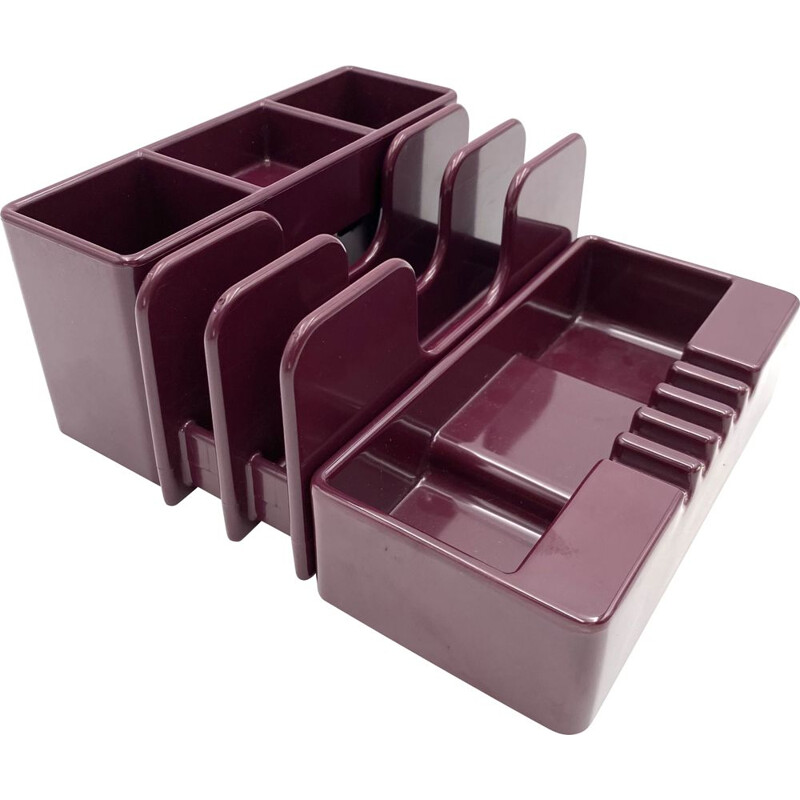 Vintage wine red ashtray & desk organizers by Ettore Sottsass for Olivetti Synthesis, 1972