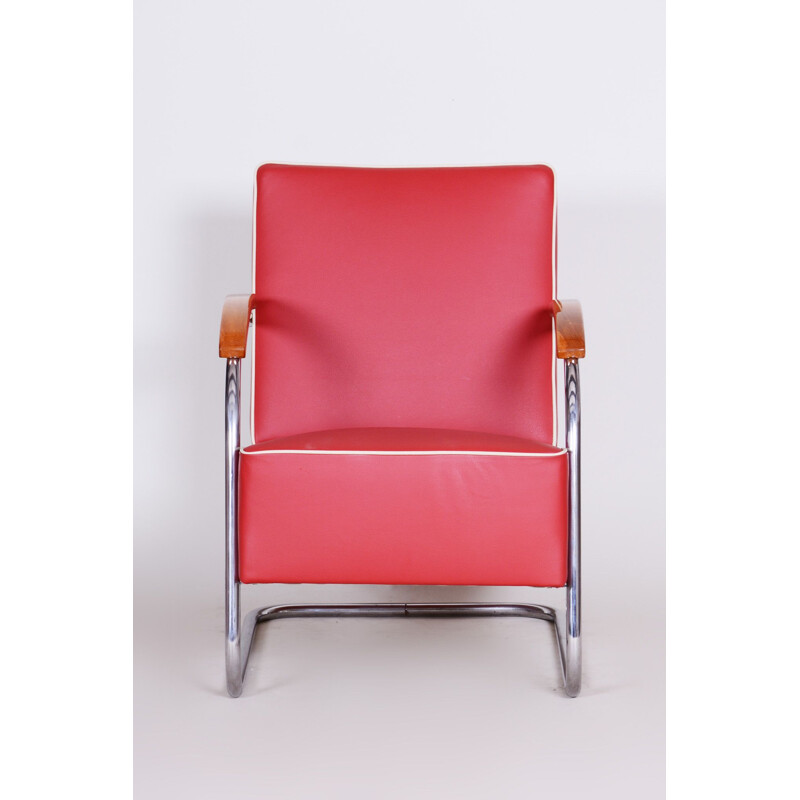 Vintage red leather armchair by Mucke Melder, Czechoslovakia 1930s