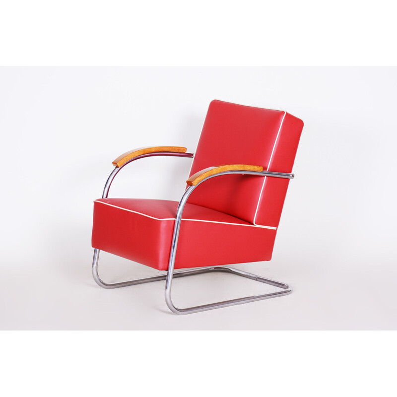 Vintage rood lederen fauteuil van Mucke Melder, Tsjechoslowakije 1930