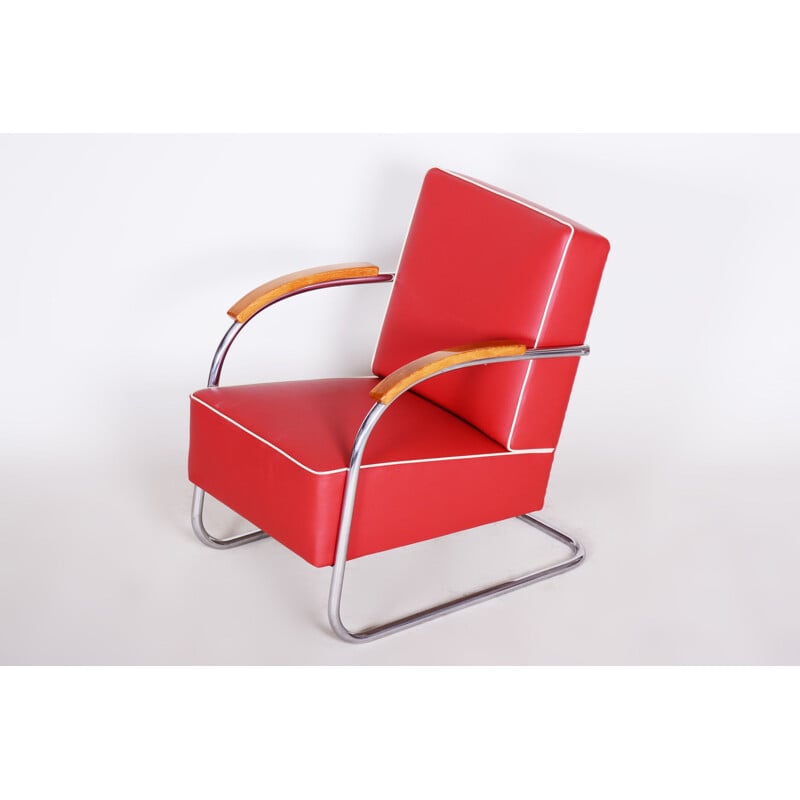 Vintage red leather armchair by Mucke Melder, Czechoslovakia 1930s