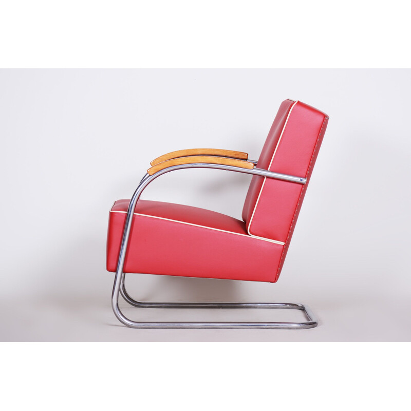 Vintage red leather armchair by Mucke Melder, Czechoslovakia 1930s