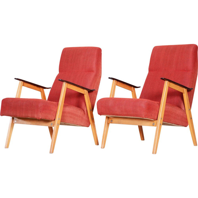 Paar vintage fauteuils in rood van Jaroslav Smidek, Tsjechoslowakije 1950