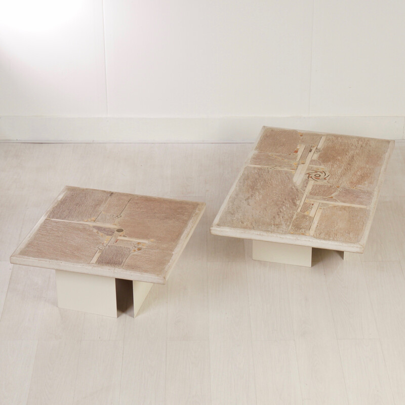 Pair of coffee tables in iron and natural stone, Paul KINGMA - 1980s