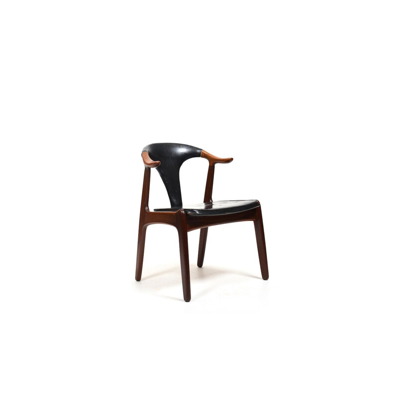 Danish vintage cow horn armchair in teak and leather by H.P. Hansen, 1960s