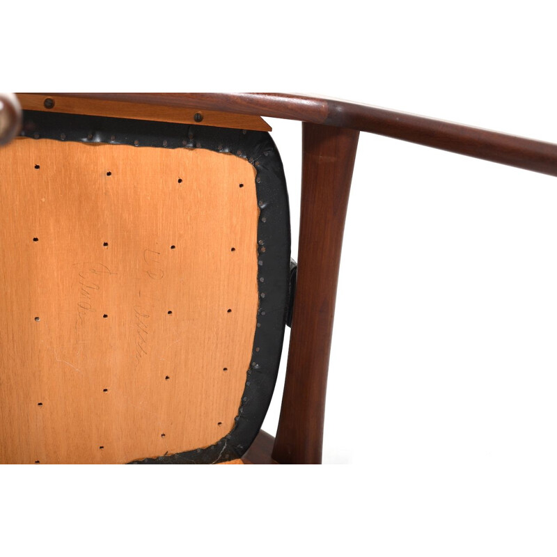 Vintage Danish teak and leather cow horn armchair by H.P. Hansen, 1960