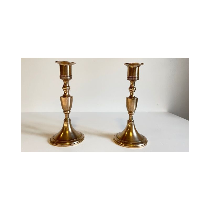 Pair of vintage Scandinavian pink brass candle holders by Scandia Malm, Sweden