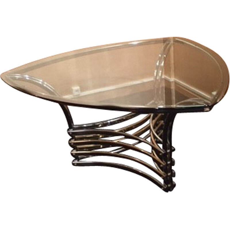 Vintage triangular coffee table in glass and chrome steel, Italy 1970