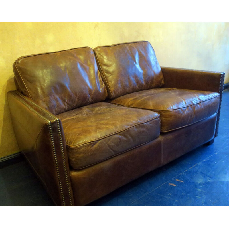 Vintage patinated brown leather 2 seater sofa