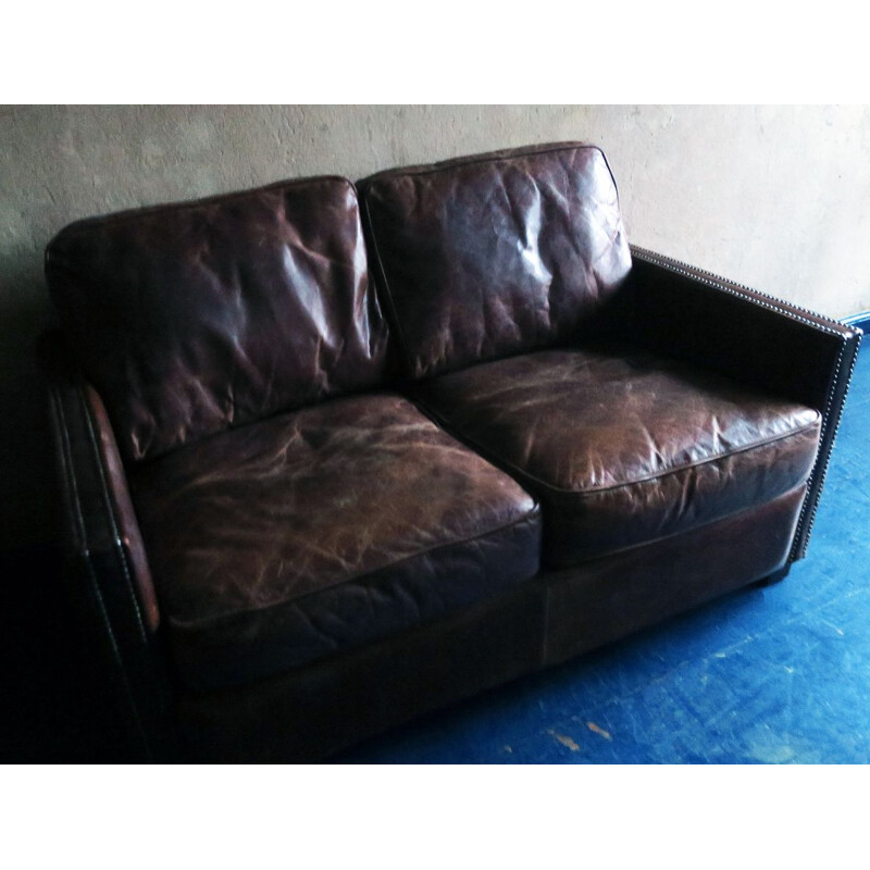 Vintage patinated brown leather 2 seater sofa