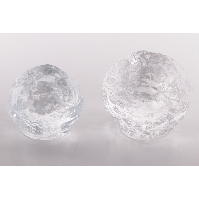 Pair of vintage "Snowball" glass candle holders by Kosta Boda