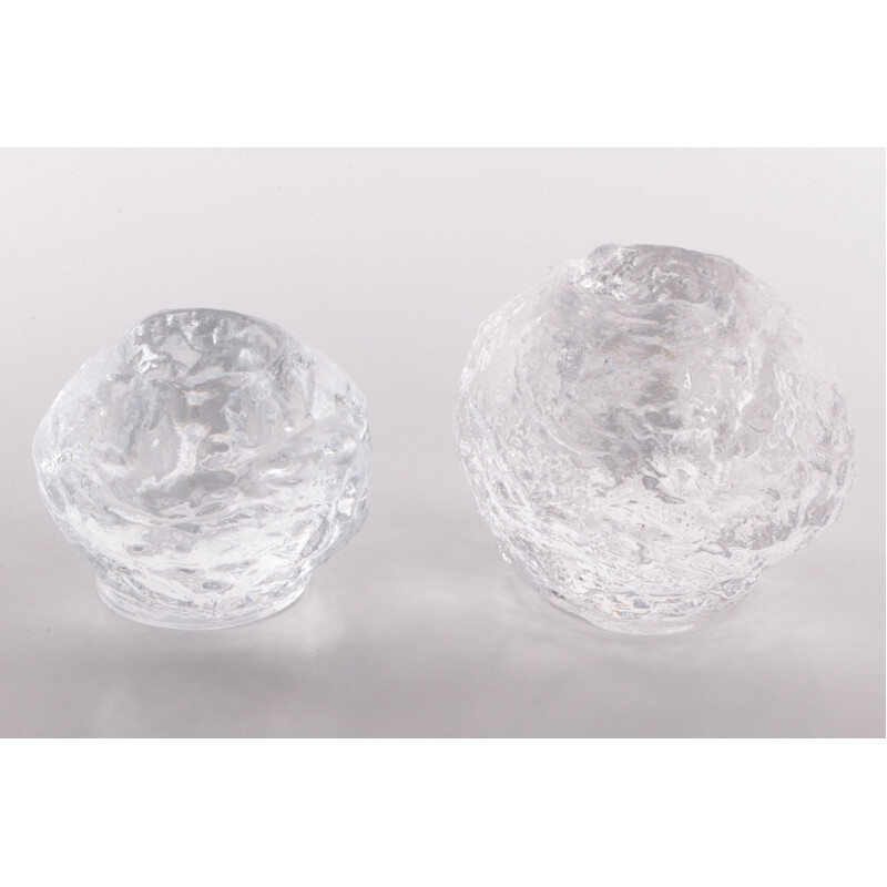 Pair of vintage "Snowball" glass candle holders by Kosta Boda