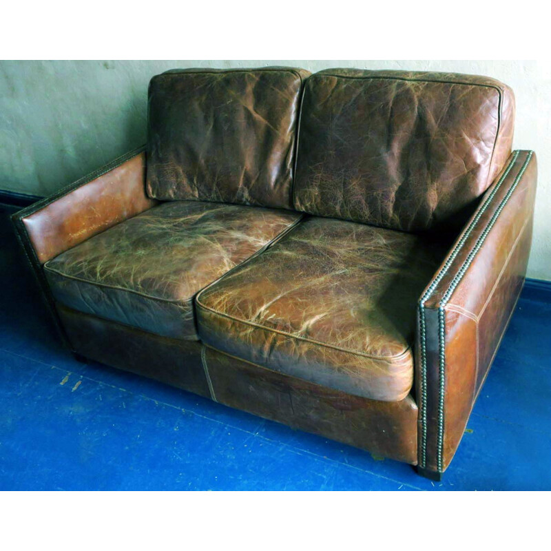 Vintage patinated brown leather 2 seater sofa