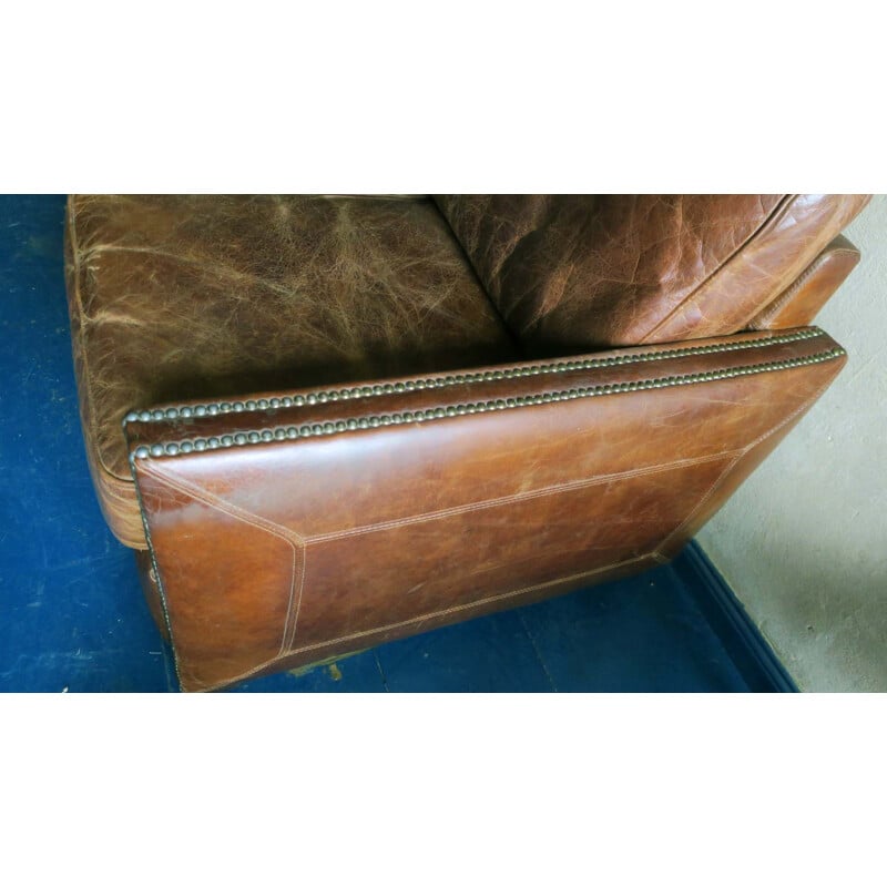Vintage patinated brown leather 2 seater sofa