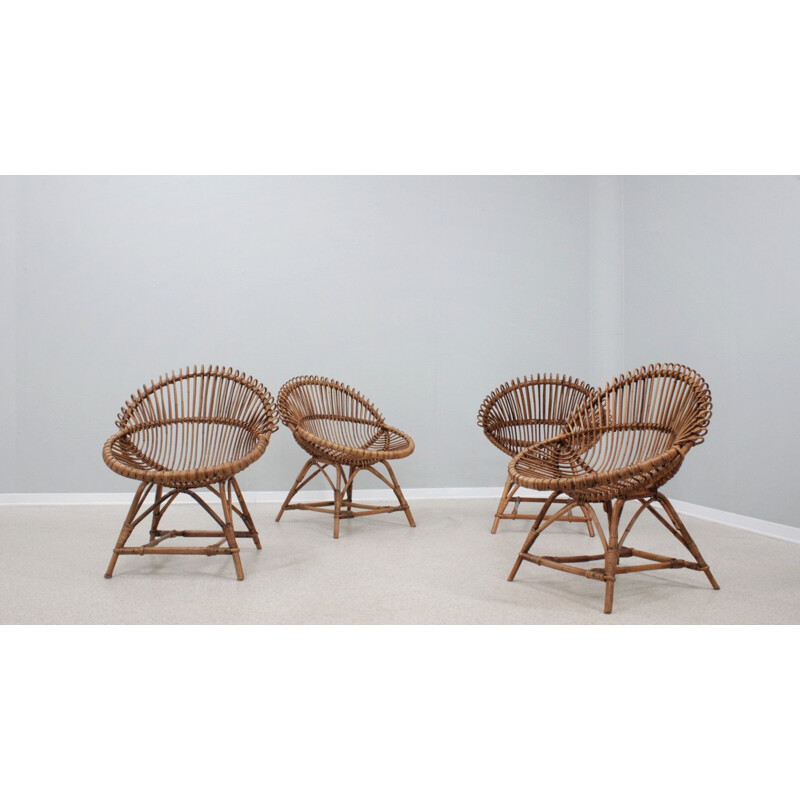 Conjunto de 4 poltronas de rotim de colheita de Franco Albini, Itália 1950