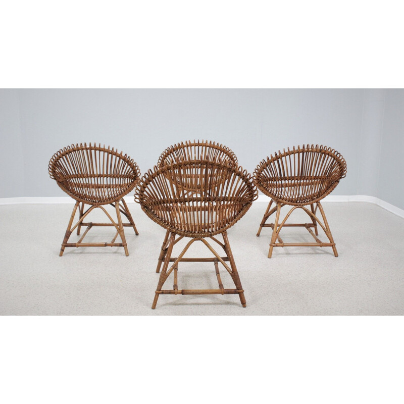 Ensemble de 4 fauteuils vintage en rotin de Franco Albini, Italie 1950