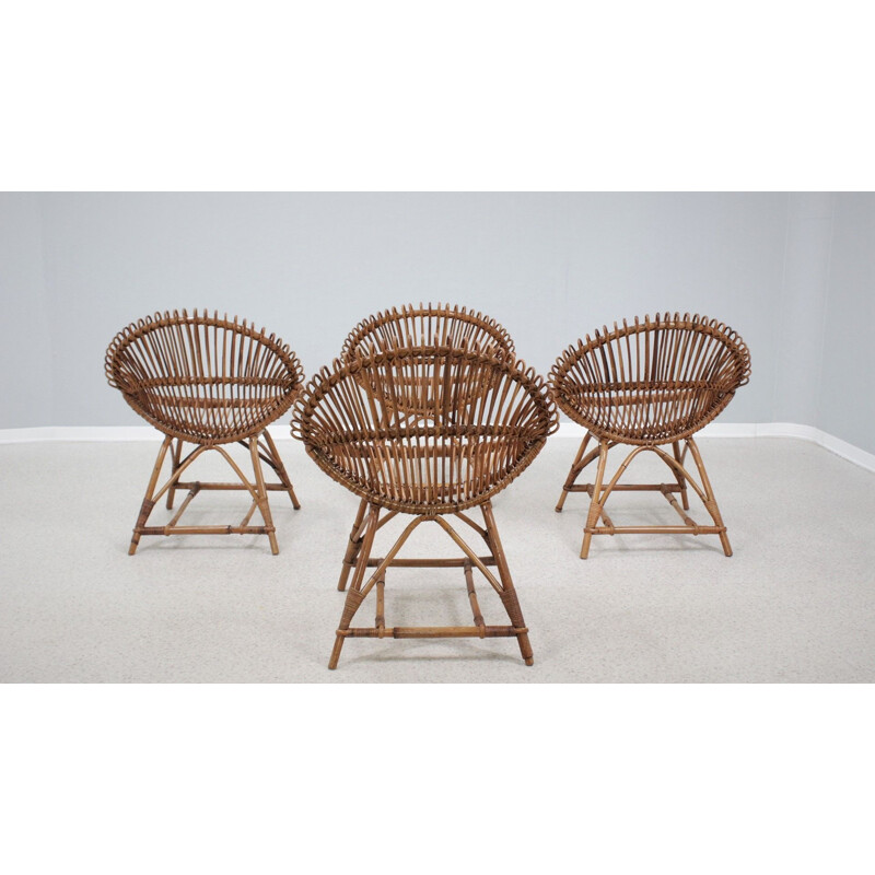 Juego de 4 sillones de ratán vintage de Franco Albini, Italia 1950