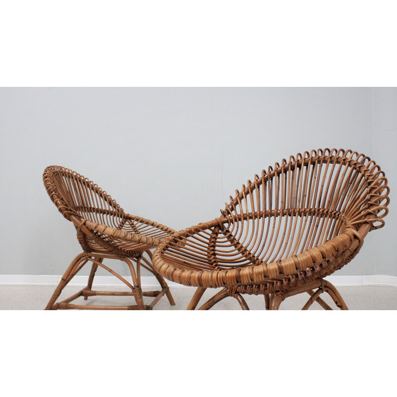 Ensemble de 4 fauteuils vintage en rotin de Franco Albini, Italie 1950