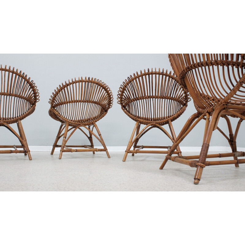 Ensemble de 4 fauteuils vintage en rotin de Franco Albini, Italie 1950