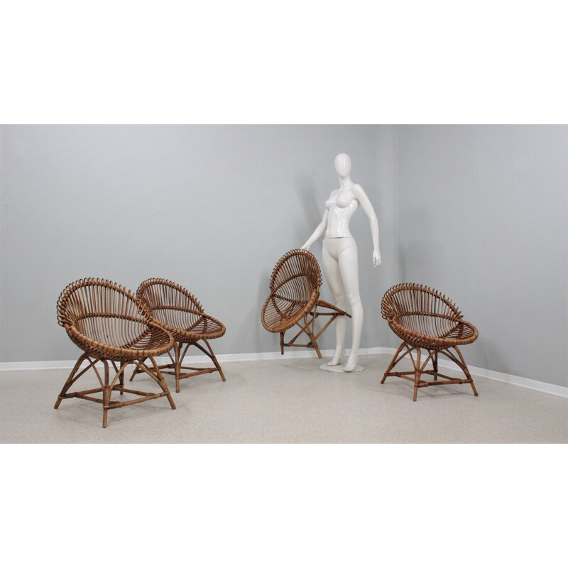 Ensemble de 4 fauteuils vintage en rotin de Franco Albini, Italie 1950